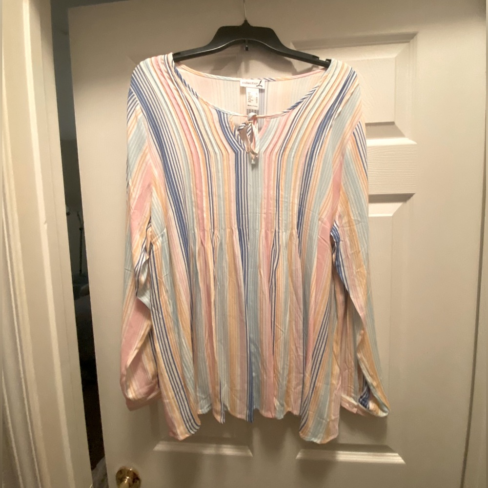 Collection L Woman Multicolor Blouse Vertical Stripes Pleated Empire Cut Size 12